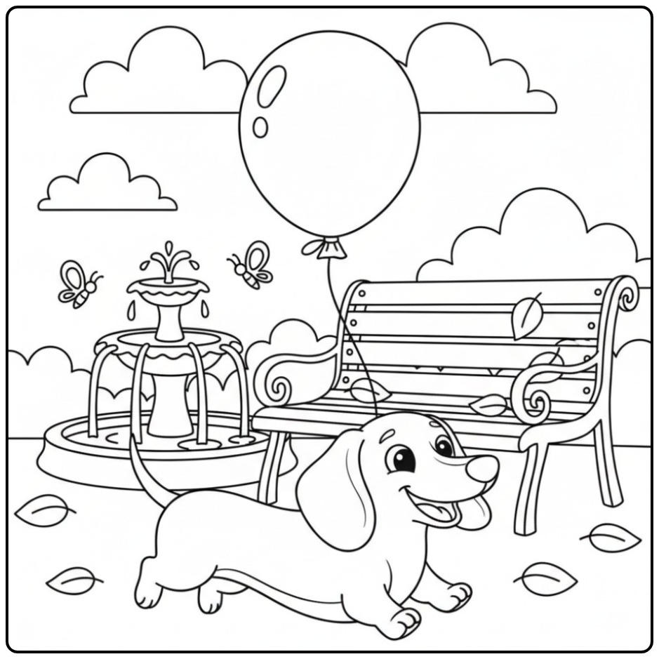 Vrolijke kleurplaat teckel in het park met een grote ballon.