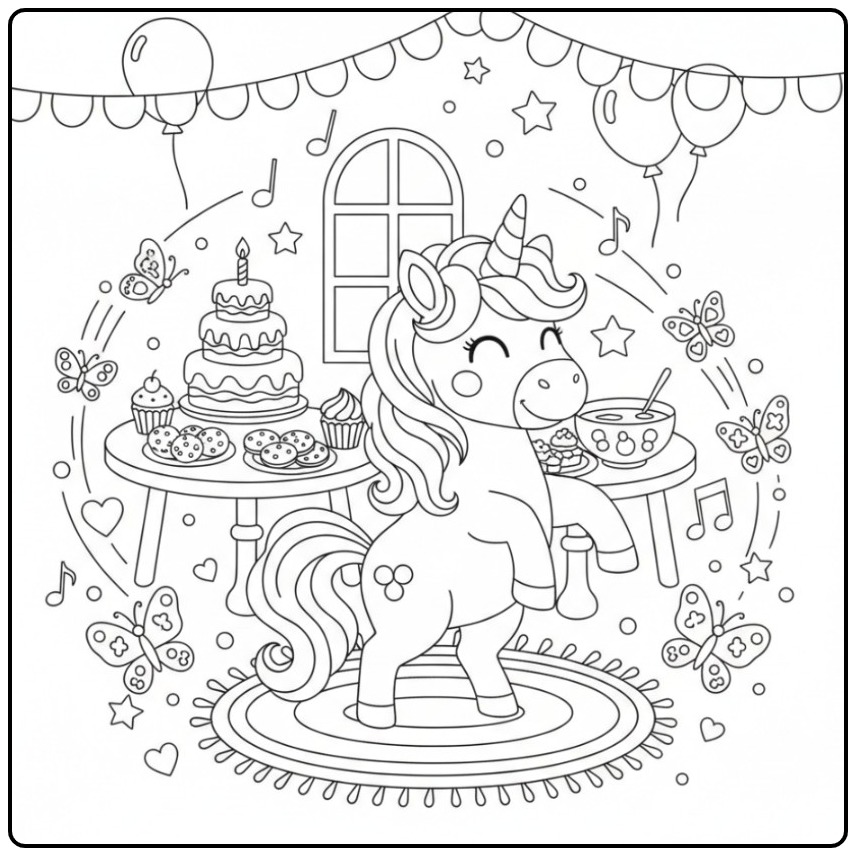 Kleurplaat unicorn en vlinders verjaardag met feestelijke taart en cadeautjes.