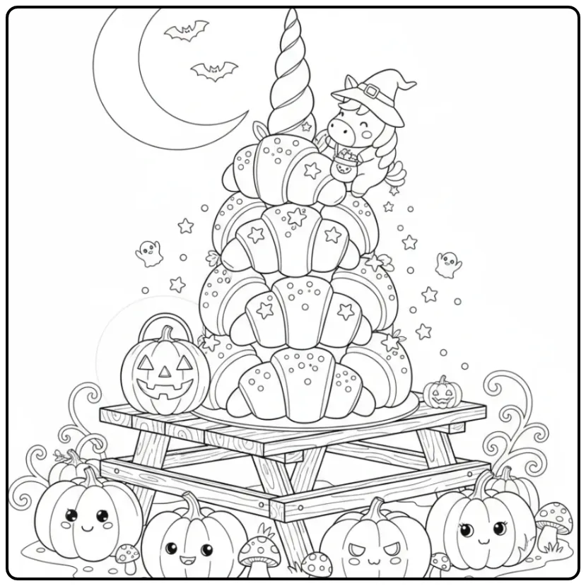Een schattige Kleurplaat unicorn halloween taart met pompoenen.