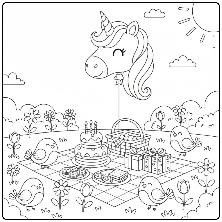 Vrolijke picknick Kleurplaat unicorn hoofd verjaardag met vogels.
