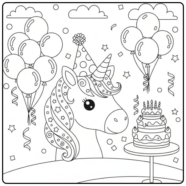 Kleurplaat unicorn hoofd verjaardag met taart en ballonnen.