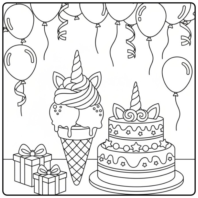 Leuke kleurplaat unicorn ijsje met feestelijke ballonnen en taart.