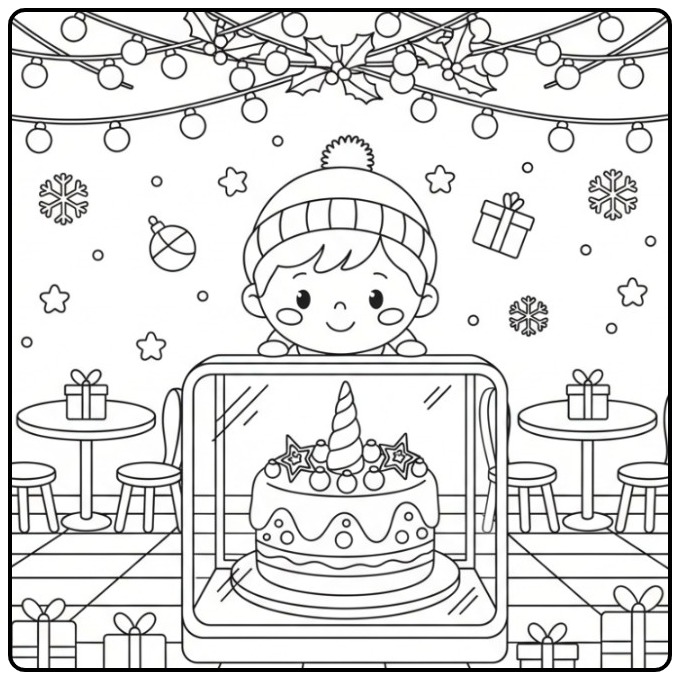 Kind kijkt naar een Kleurplaat unicorn kerst taart in etalage.