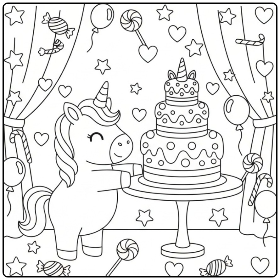 Leuke kleurplaat unicorn taart: een eenhoorn viert feest met lekkers.