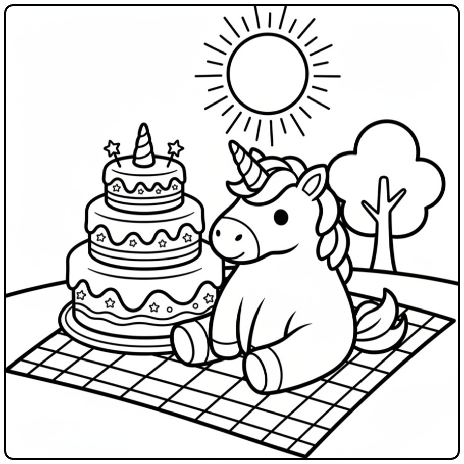 Schattige kleurplaat unicorn verjaardag met een grote taart.