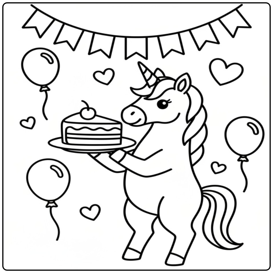 Een schattige kleurplaat unicorn verjaardag met taart en ballonnen.