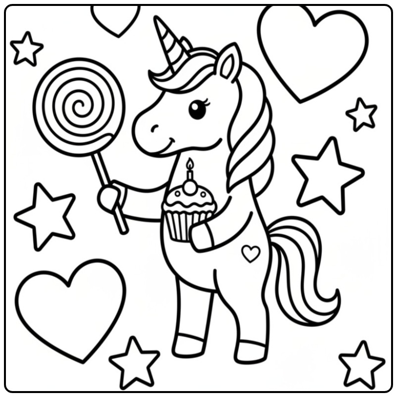 Een lieve kleurplaat unicorn verjaardag met een cupcake en lolly.