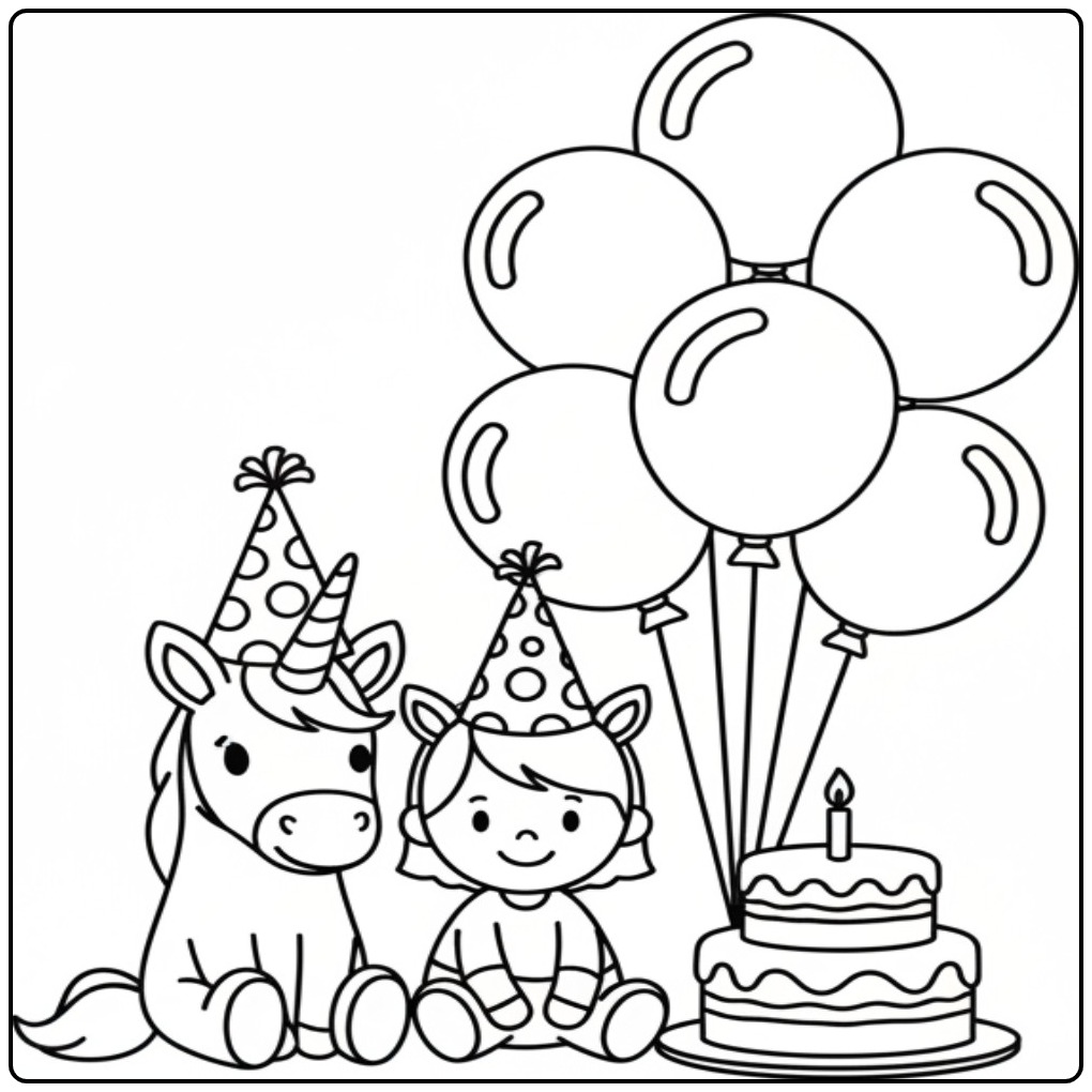 Een schattige kleurplaat unicorn verjaardag met een meisje.