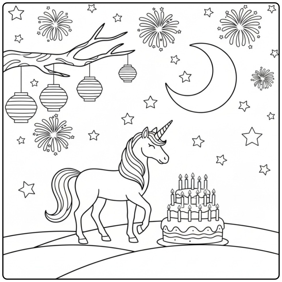 Magische kleurplaat unicorn verjaardag met taart en vuurwerk.