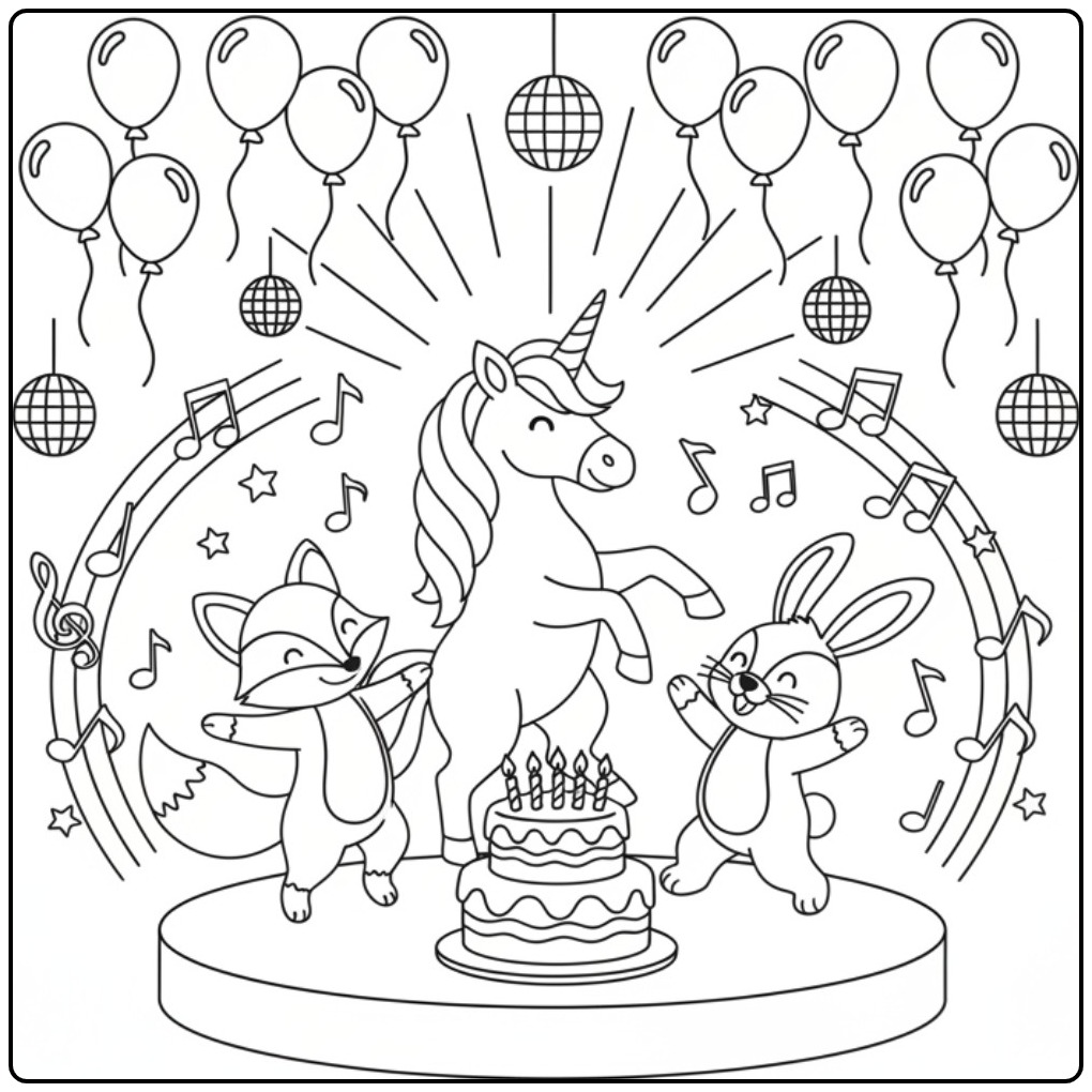 Vrolijke kleurplaat unicorn verjaardag met dansende dieren.