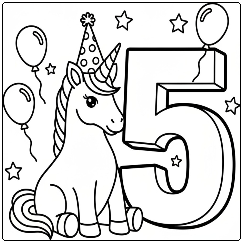 Een leuke kleurplaat unicorn verjaardag met het cijfer 5.