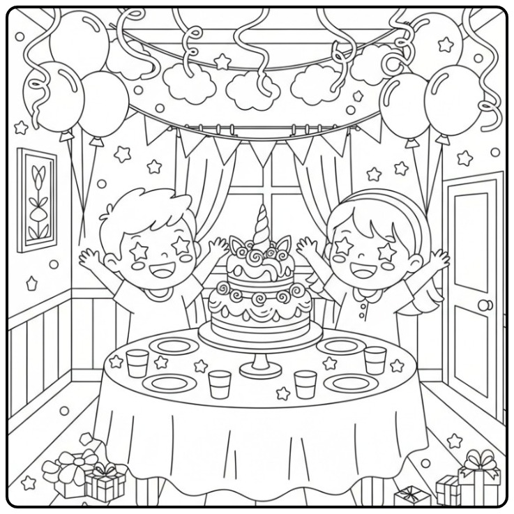 Vrolijke kinderen bij een Kleurplaat unicorn verjaardags taart.