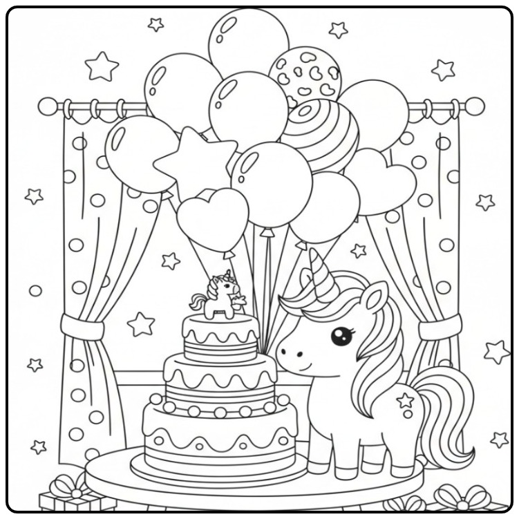 Kleurplaat unicorn verjaardagstaart met ballonnen en cadeautjes, een magisch feest om te kleuren.