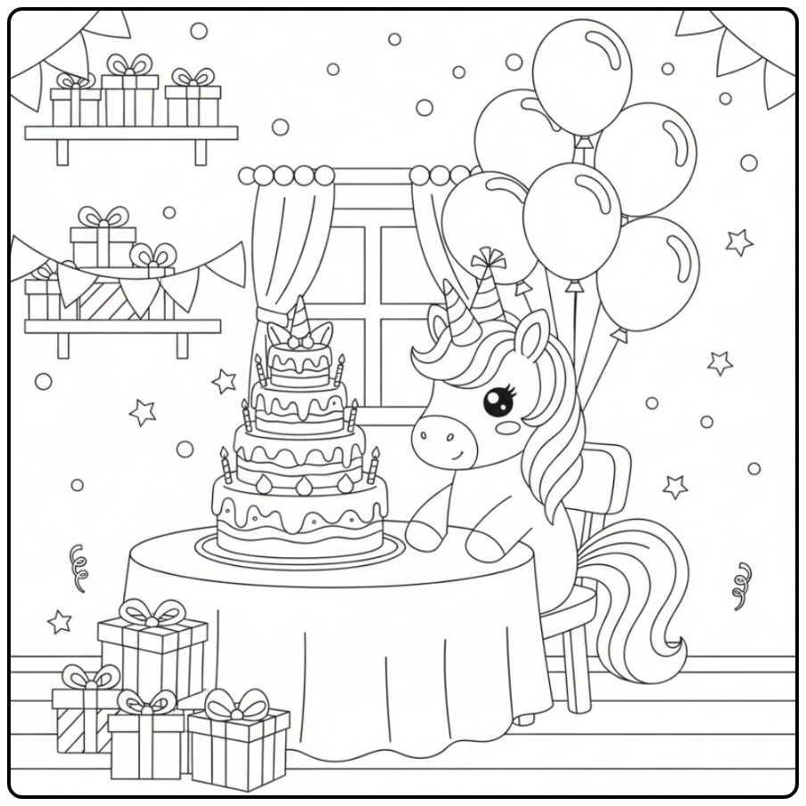 Vrolijke Kleurplaat unicorn verjaardagstaart met ballonnen en cadeautjes.