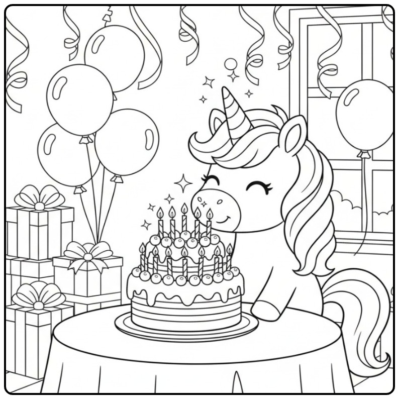 Kleurplaat unicorn verjaardagstaart met veel sprankelende verjaardagskaarsen, vrolijk eenhoornfeest.