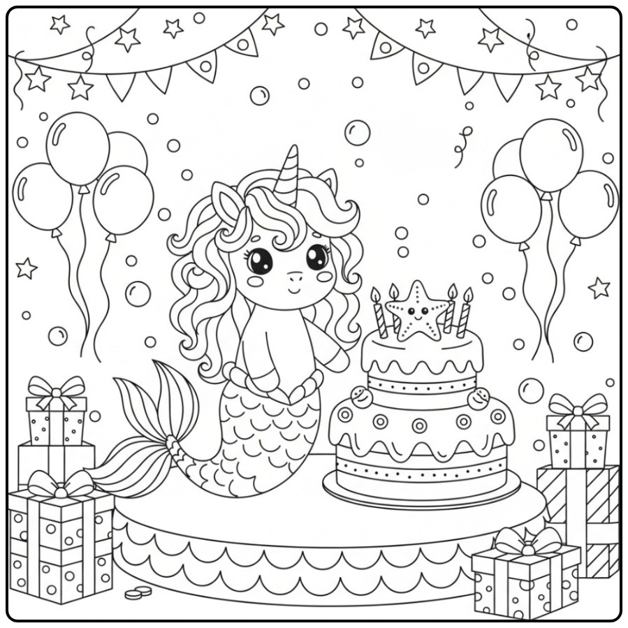 Schattige Kleurplaat unicorn zeemeermin verjaardag met cadeaus.