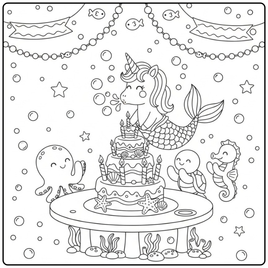 Een lieve Kleurplaat unicorn zeemeermin verjaardag met taart.