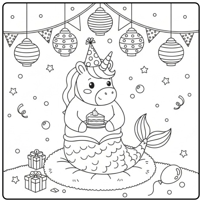 Schattige Kleurplaat unicorn zeemeermin verjaardag met taart.