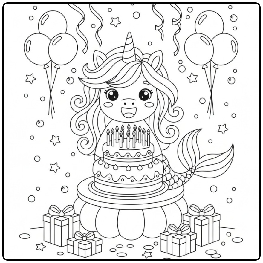 Schattige Kleurplaat unicorn zeemeermin verjaardag met taart.