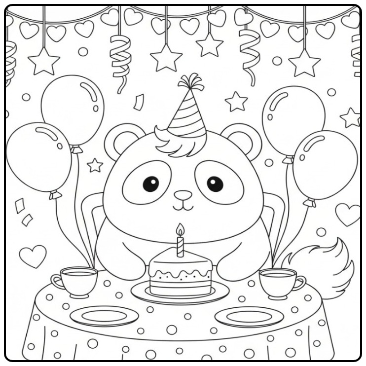 Een schattige kleurplaat unicornpanda verjaardag met taart.