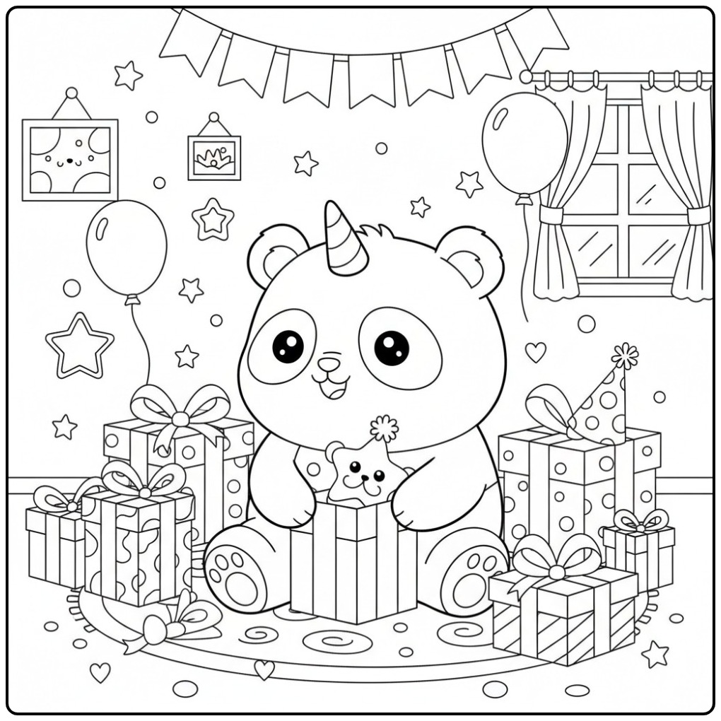 Schattige kleurplaat unicornpanda verjaardag met veel cadeaus