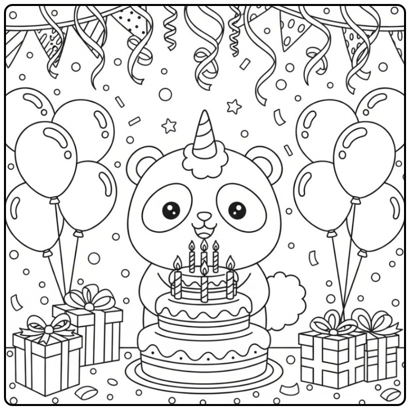 Een schattige kleurplaat unicornpanda verjaardag met taart.