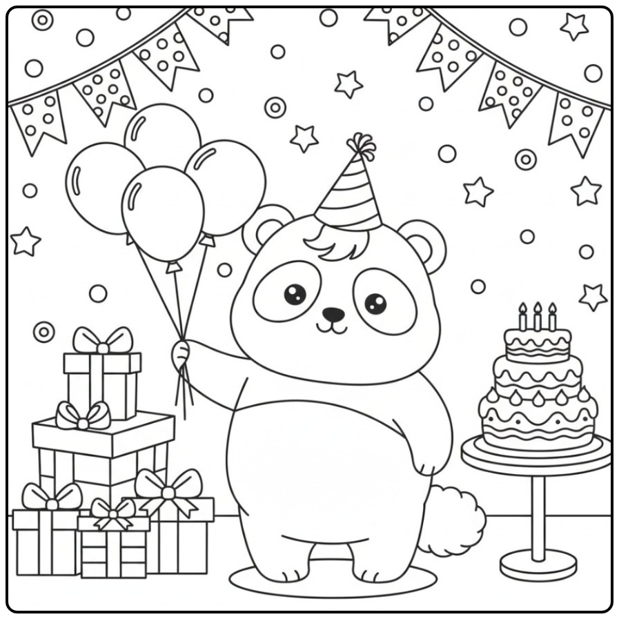 Schattige kleurplaat unicornpanda verjaardag met ballonnen.