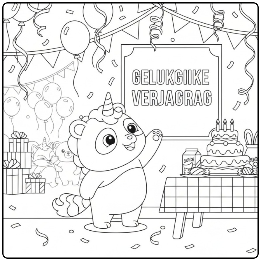 Een schattige kleurplaat unicornpanda verjaardag met taart.