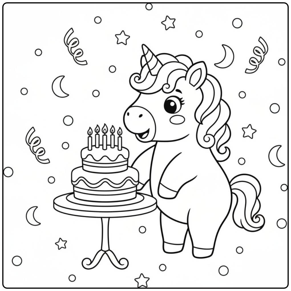 Een schattige Makkelijke unicorn verjaardag kleurplaat met taart.