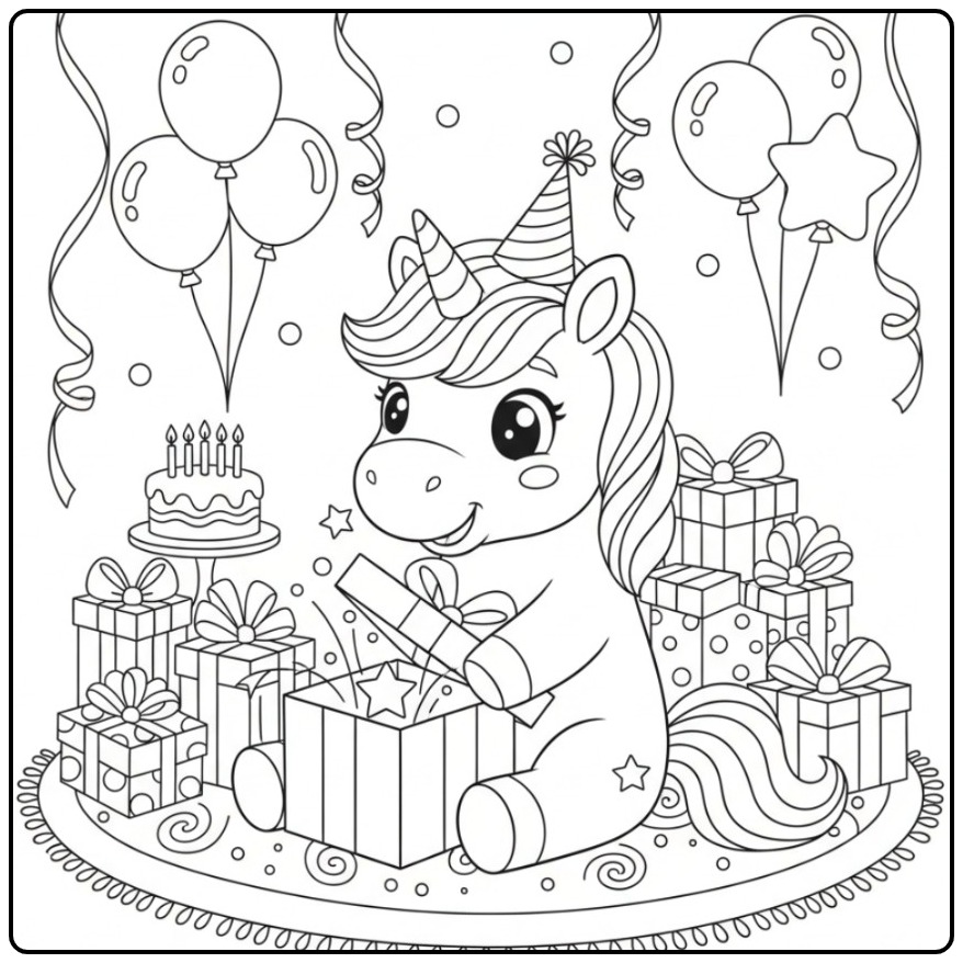 Een schattige Makkelijke unicorn verjaardag kleurplaat met cadeaus.