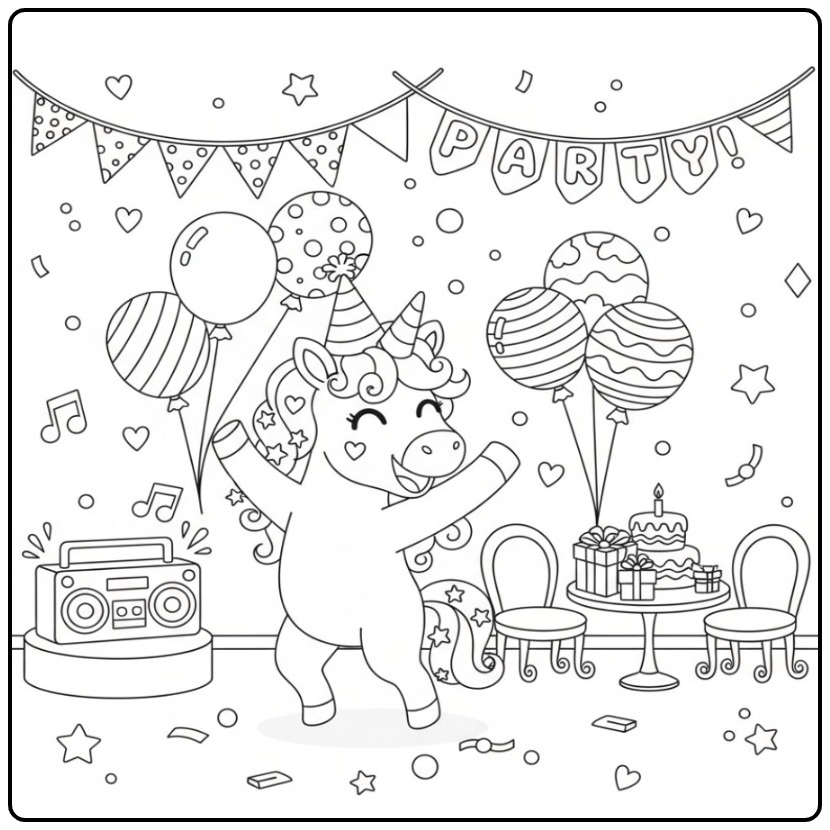 Een Schattige unicorn verjaardags kleurplaat van een dansend dier.