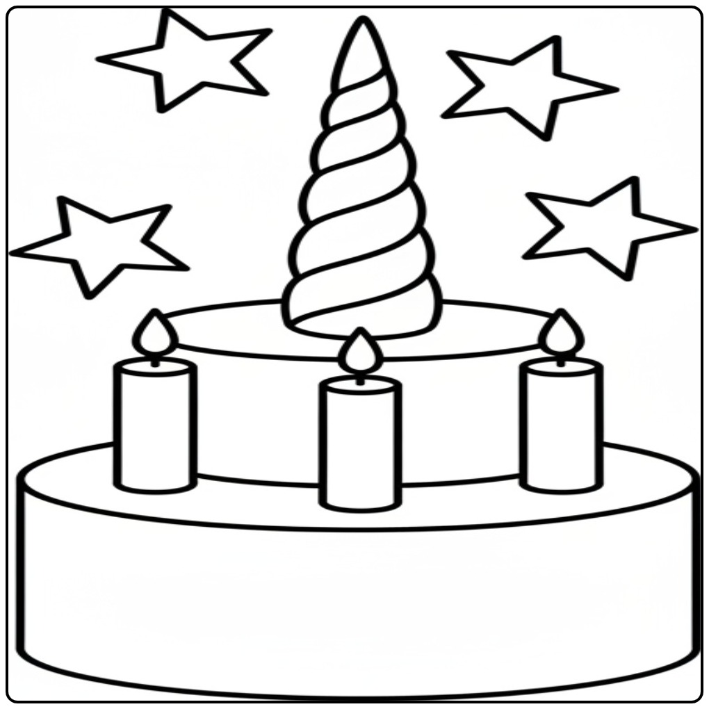 Magische taart met kaarsjes en een unicorn hoorn kleurplaat.