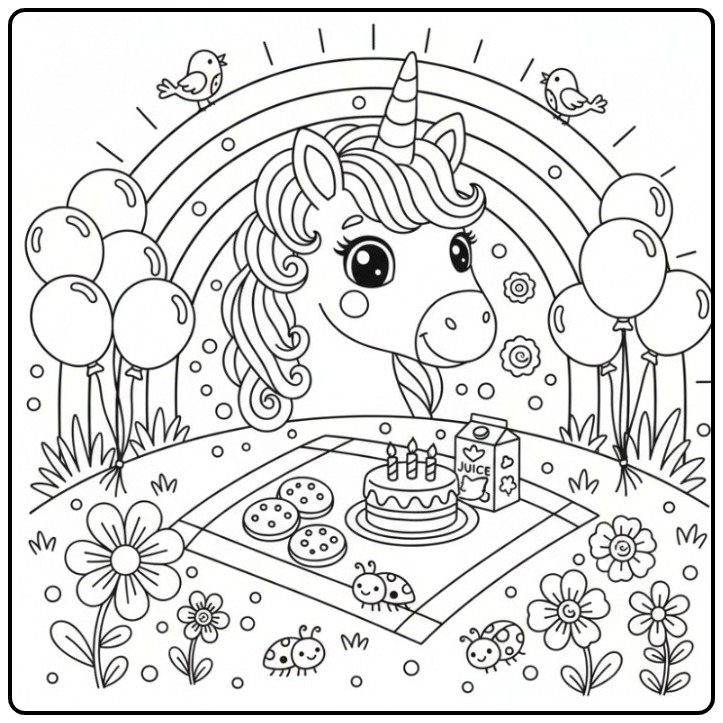 Een vrolijke Unicorn hoofd en regenboog kleurplaat met taart.