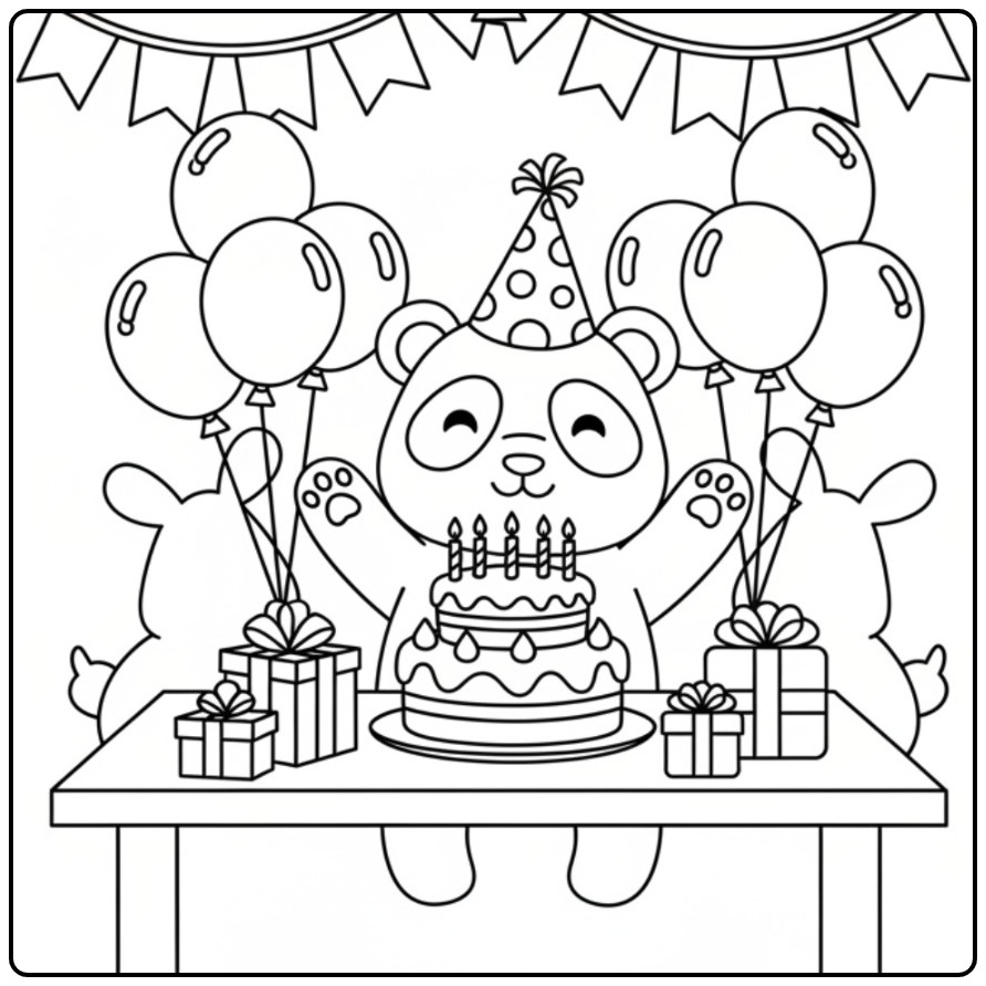 Een vrolijke unicorn panda kleurplaat met een verjaardagstaart.