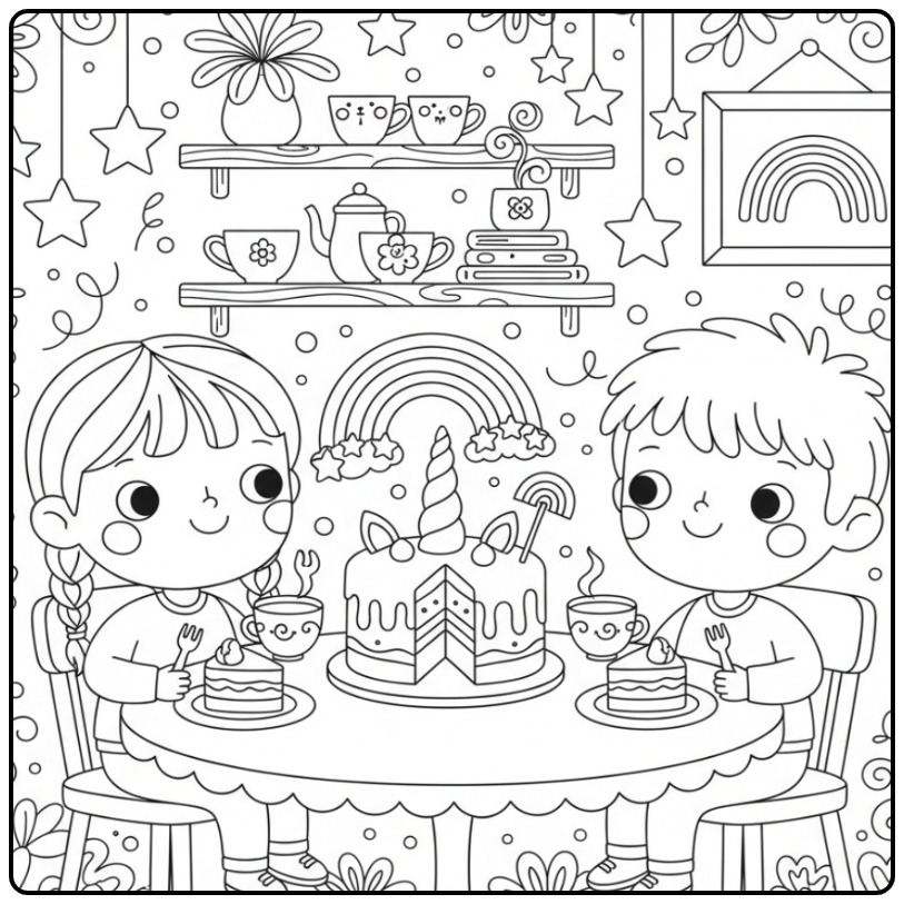 Twee kinderen met een Unicorn taart en regenboog kleurplaat.