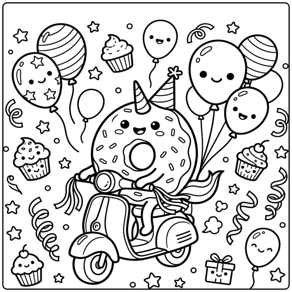 Vrolijke Verjaardag donut eenhoorn kleurplaat op een scooter.