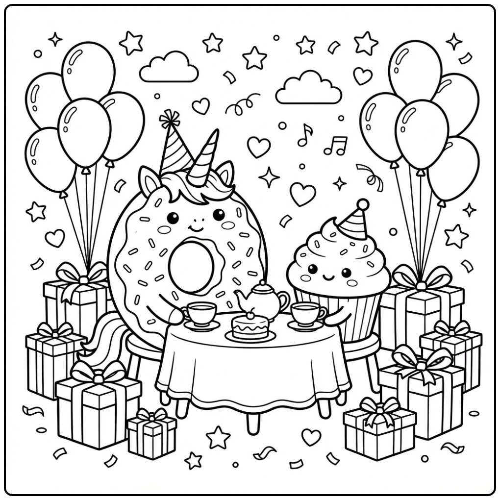 Leuke Verjaardag donut eenhoorn kleurplaat met een cupcake.
