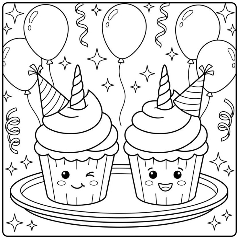 Kawaii Verjaardag eenhoorn cupcake kleurplaat met ballonnen.