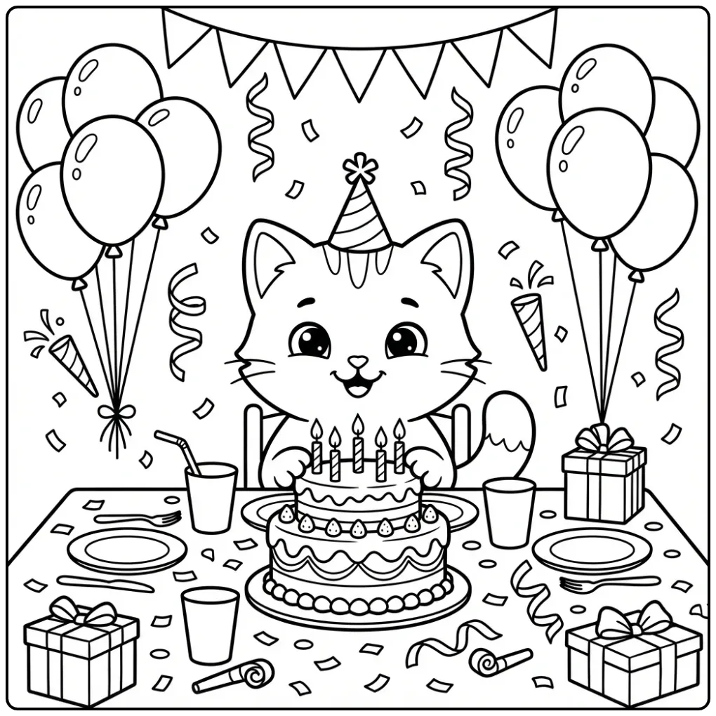 Schattige kleurplaat kitten met verjaardagstaart en kaarsjes