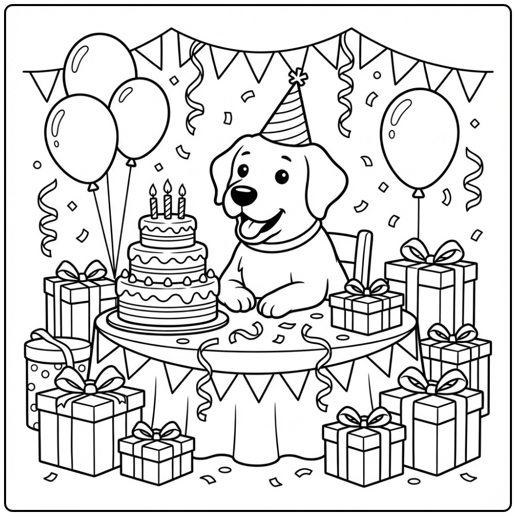 Een vrolijke kleurplaat labrador viert een verjaardagsfeest.