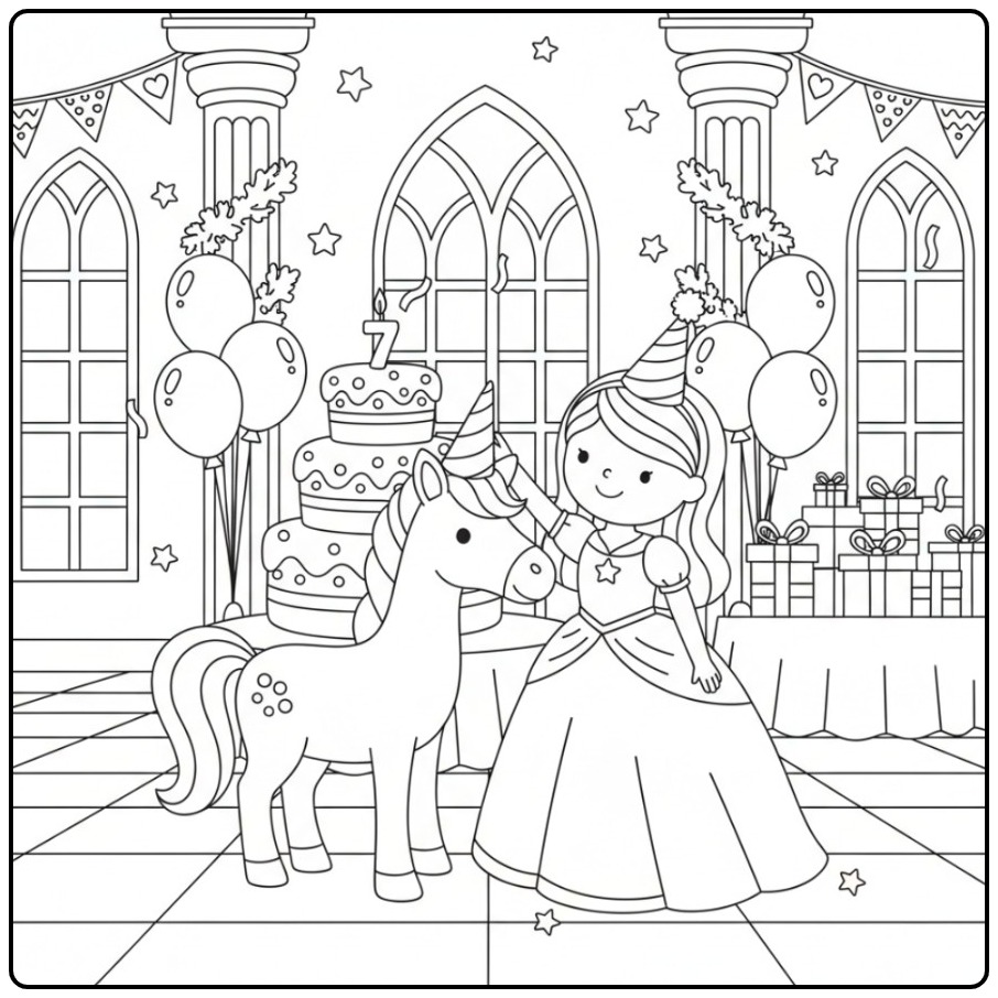 Een lieve prinses op een Verjaardag prinses eenhoorn kleurplaat.