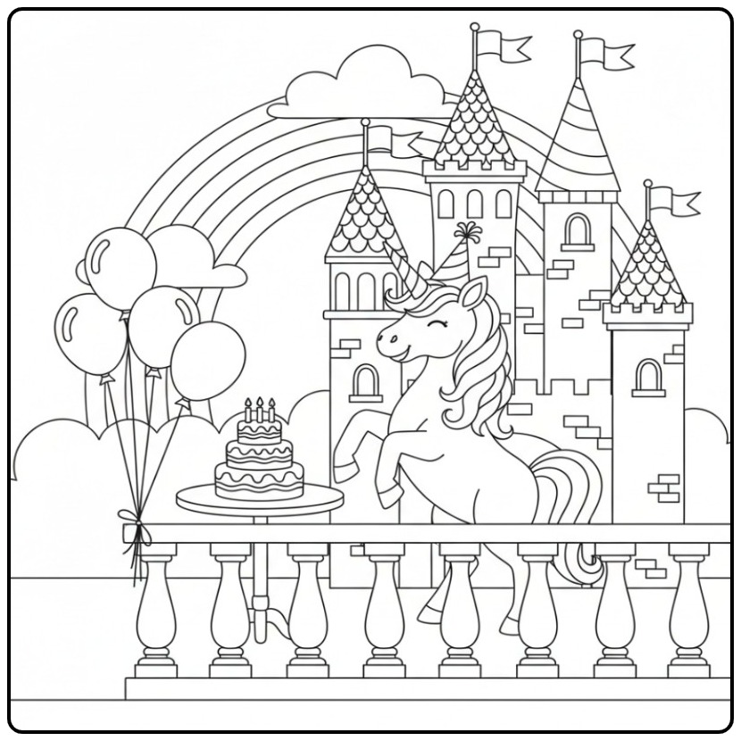 Een vrolijke verjaardag taart kleurplaat eenhoorn viert feest bij een kasteel.