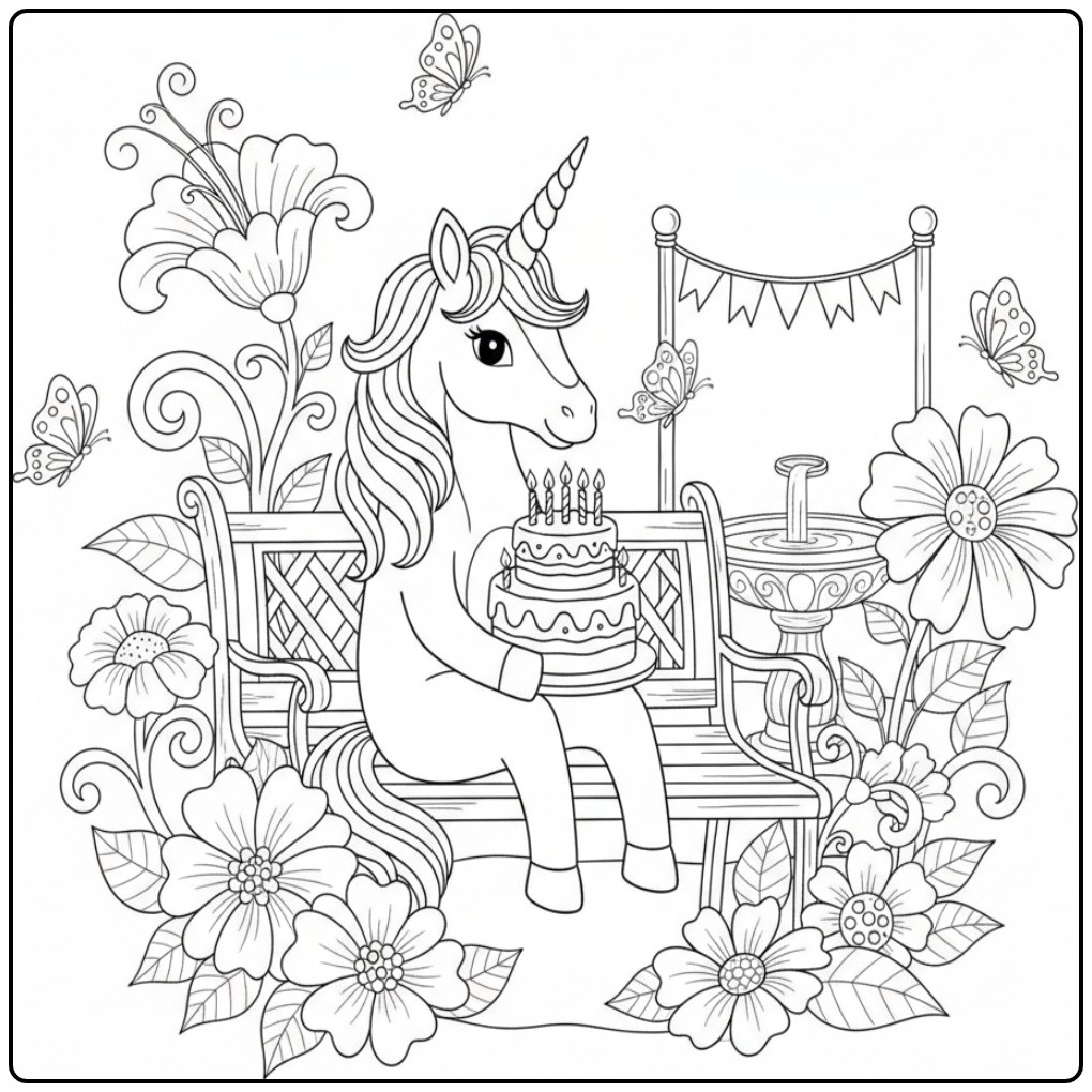 Kleurplaat verjaardag taart kleurplaat eenhoorn tussen bloemen en vlinders.