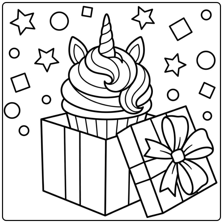 Een leuke unicorn cupcake kleurplaat die uit een doos springt.