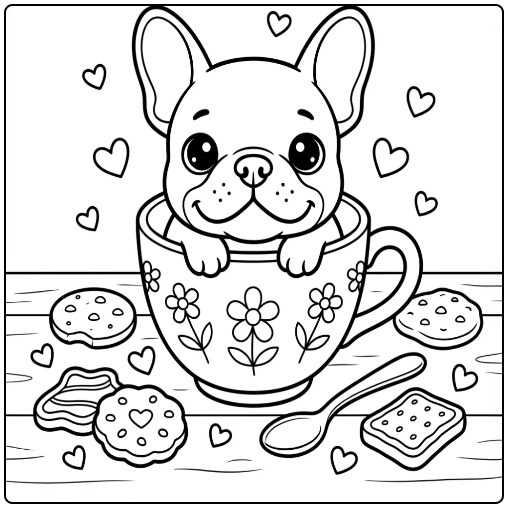 Kleurplaat schattige puppy in een theekopje met koekjes.