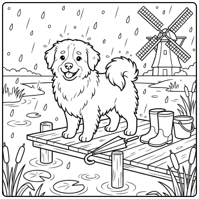 Een schattige kleurplaat hond volwassenen in de regen bij een molen.