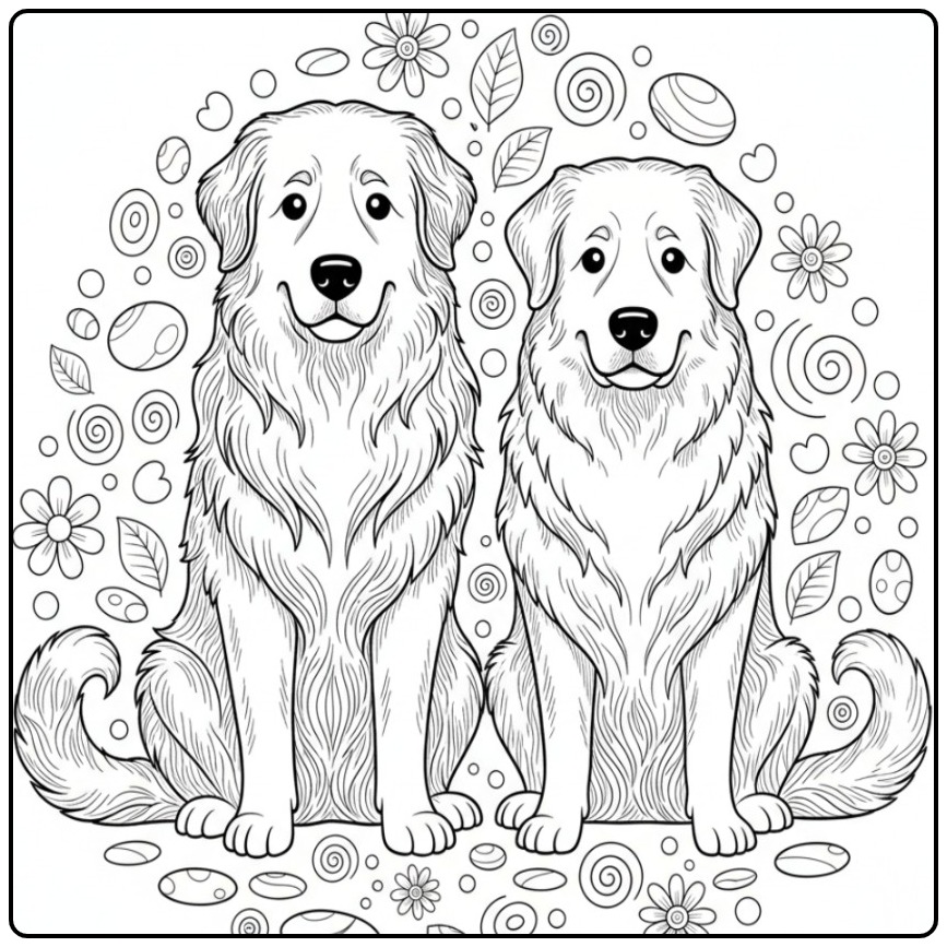 Drie grote herdershonden tussen bloemen, honden kleurplaat moeilijk.