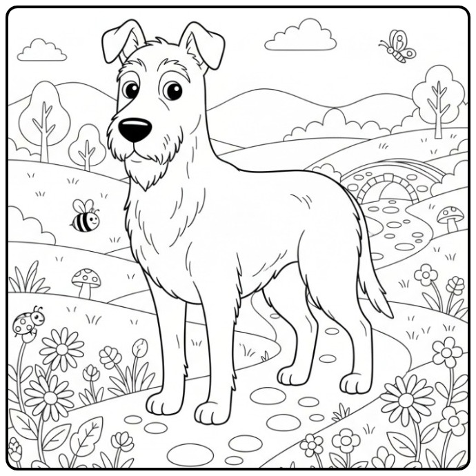 Een majestueuze Ierse Wolfshond op een landelijk pad, kleurplaat hond moeilijk.