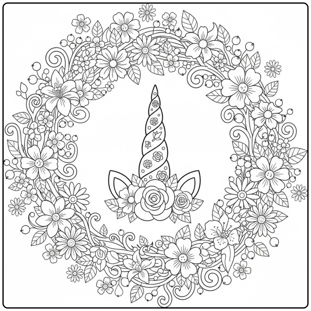 Kleurplaat eenhoorn hoorn en bloemen in een mooie bloemenkrans.