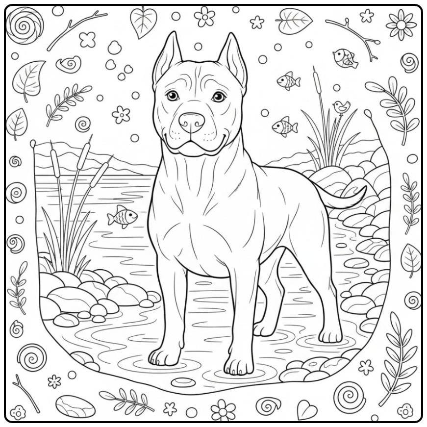 Een serene kleurplaat hond moeilijk met een Dogo Argentino.